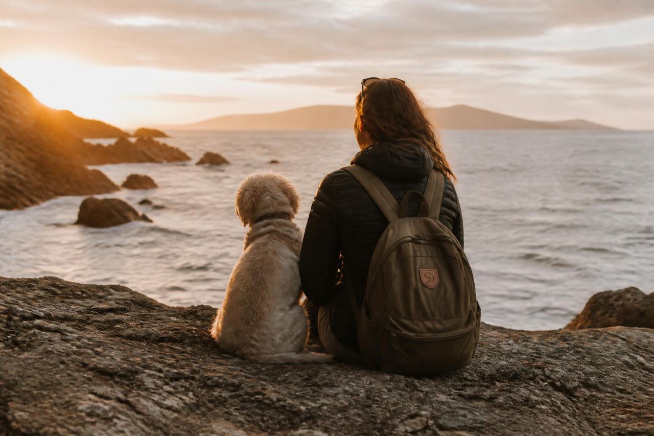 Mujer y su perro mirando el mar al atardecer