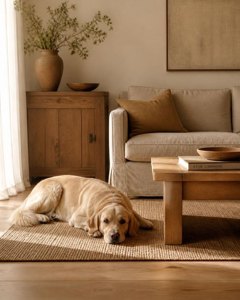 Perro descansando en un living cálido y minimalista